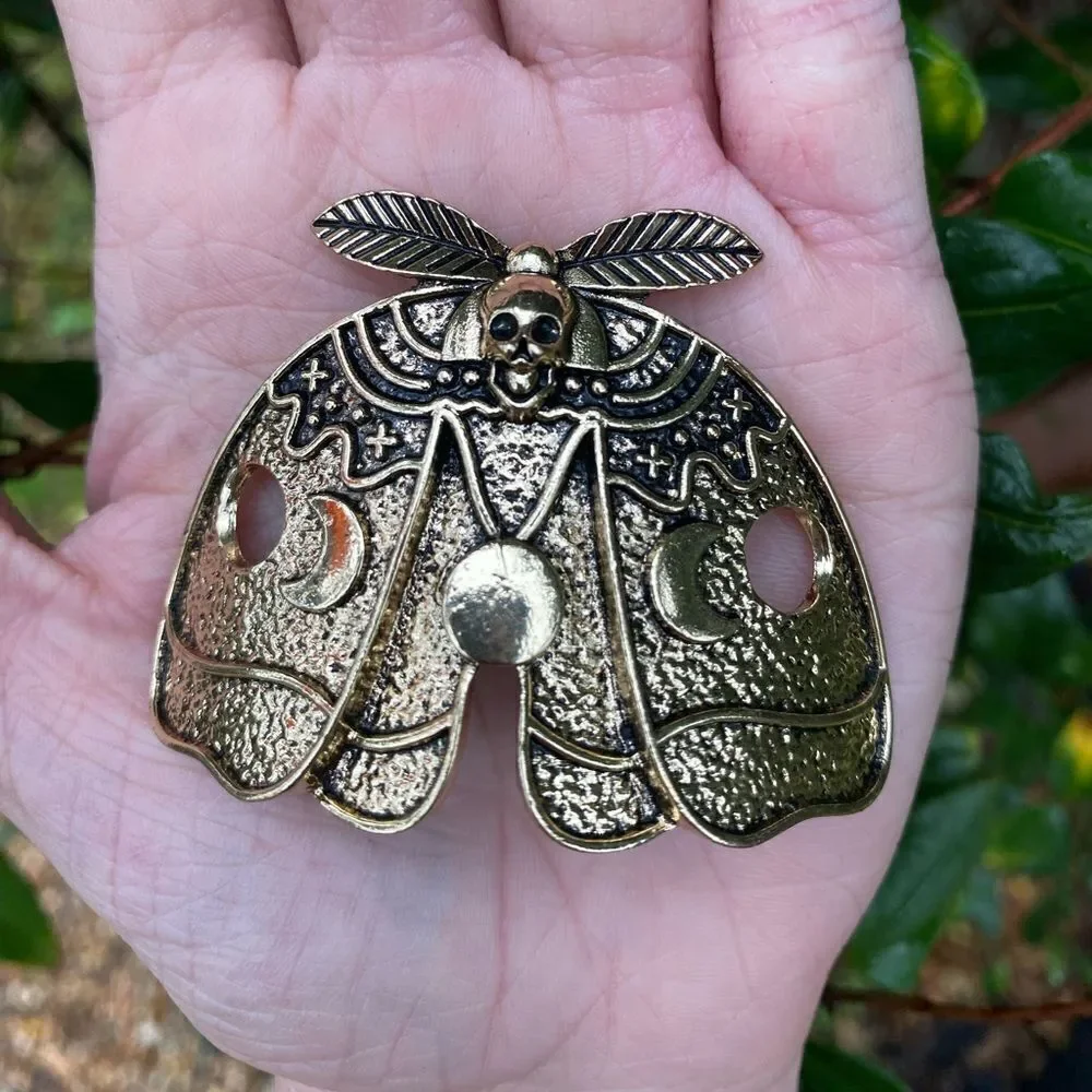 Gothic Death Moth Hair Accessory Antique Gold Tone Engraved Details